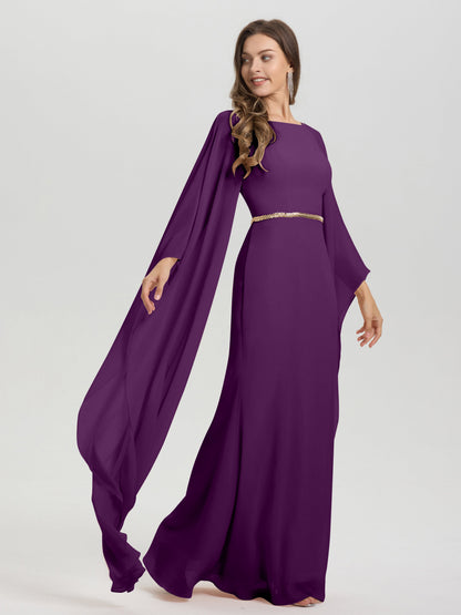 Sheath Flowy Long Sleeves Waisted Zip Back Chiffon Bridesmaid Dress