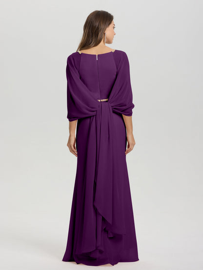 Sheath Flowy Long Sleeves Waisted Zip Back Chiffon Bridesmaid Dress