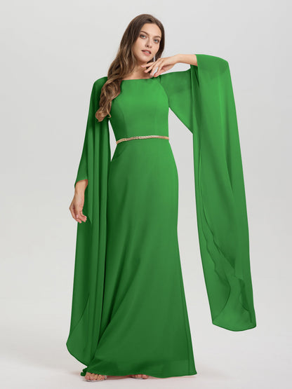 Sheath Flowy Long Sleeves Waisted Zip Back Chiffon Bridesmaid Dress