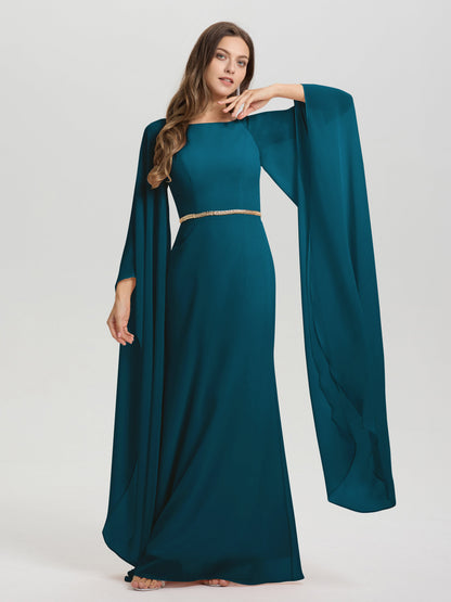 Sheath Flowy Long Sleeves Waisted Zip Back Chiffon Bridesmaid Dress