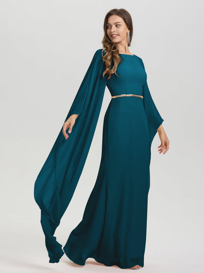 Sheath Flowy Long Sleeves Waisted Zip Back Chiffon Bridesmaid Dress