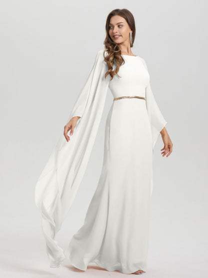 Sheath Flowy Long Sleeves Waisted Zip Back Chiffon Bridesmaid Dress