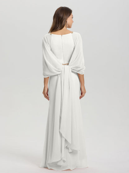 Sheath Flowy Long Sleeves Waisted Zip Back Chiffon Bridesmaid Dress
