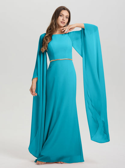 Sheath Flowy Long Sleeves Waisted Zip Back Chiffon Bridesmaid Dress