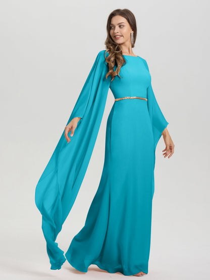 Sheath Flowy Long Sleeves Waisted Zip Back Chiffon Bridesmaid Dress