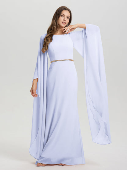 Sheath Flowy Long Sleeves Waisted Zip Back Chiffon Bridesmaid Dress