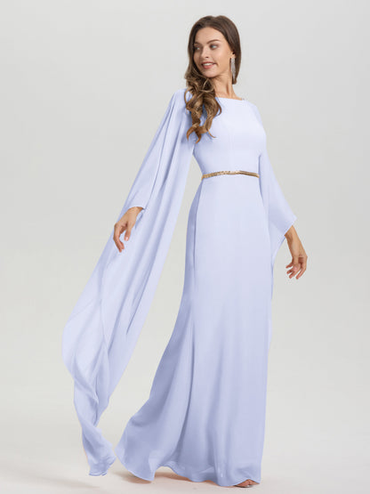 Sheath Flowy Long Sleeves Waisted Zip Back Chiffon Bridesmaid Dress
