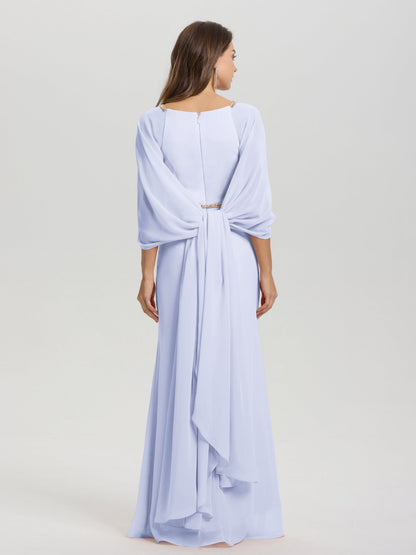 Sheath Flowy Long Sleeves Waisted Zip Back Chiffon Bridesmaid Dress