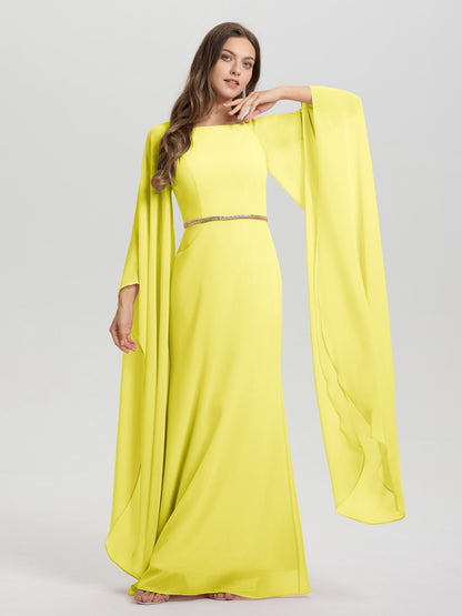 Sheath Flowy Long Sleeves Waisted Zip Back Chiffon Bridesmaid Dress