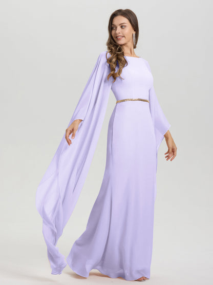 Sheath Flowy Long Sleeves Waisted Zip Back Chiffon Bridesmaid Dress