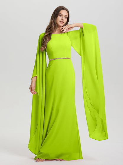 Sheath Flowy Long Sleeves Waisted Zip Back Chiffon Bridesmaid Dress