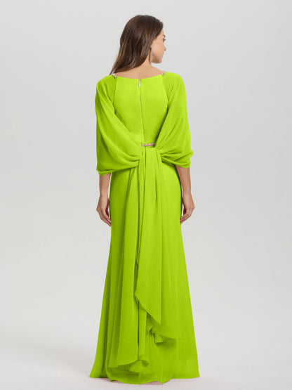 Sheath Flowy Long Sleeves Waisted Zip Back Chiffon Bridesmaid Dress