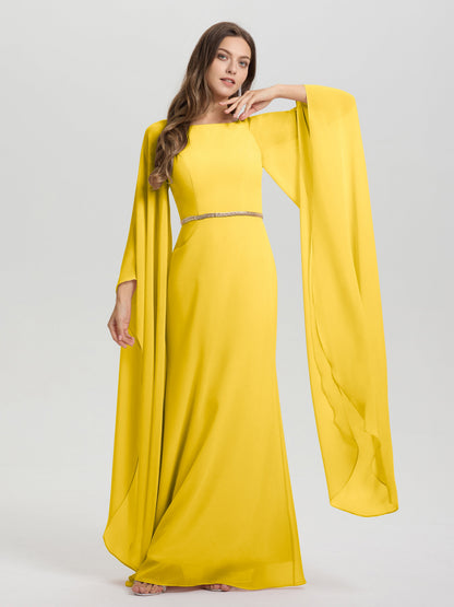 Sheath Flowy Long Sleeves Waisted Zip Back Chiffon Bridesmaid Dress