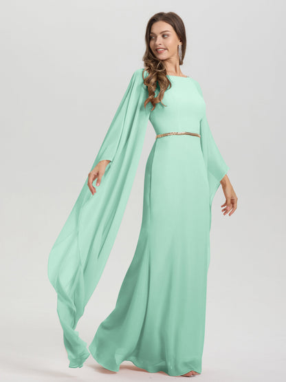 Sheath Flowy Long Sleeves Waisted Zip Back Chiffon Bridesmaid Dress