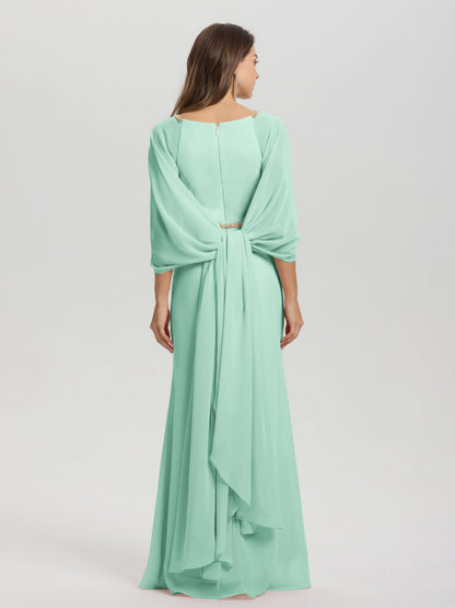 Sheath Flowy Long Sleeves Waisted Zip Back Chiffon Bridesmaid Dress