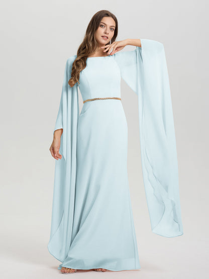 Sheath Flowy Long Sleeves Waisted Zip Back Chiffon Bridesmaid Dress