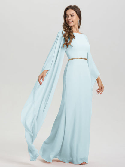 Sheath Flowy Long Sleeves Waisted Zip Back Chiffon Bridesmaid Dress