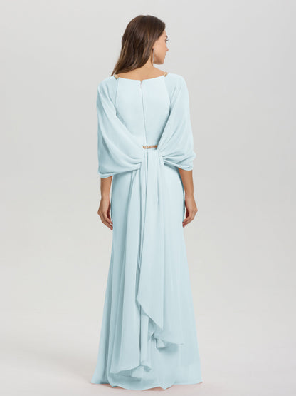 Sheath Flowy Long Sleeves Waisted Zip Back Chiffon Bridesmaid Dress