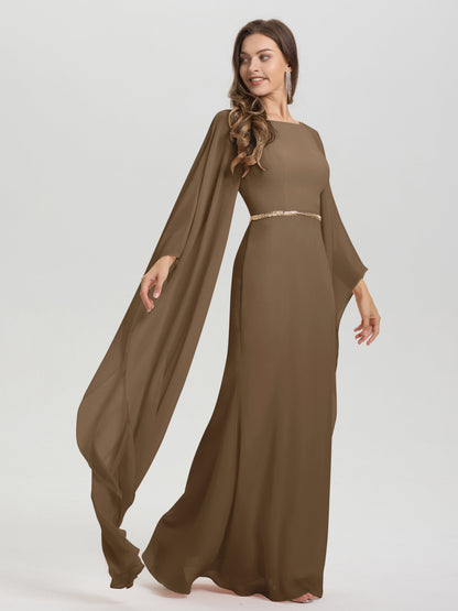 Sheath Flowy Long Sleeves Waisted Zip Back Chiffon Bridesmaid Dress