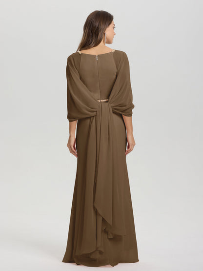 Sheath Flowy Long Sleeves Waisted Zip Back Chiffon Bridesmaid Dress