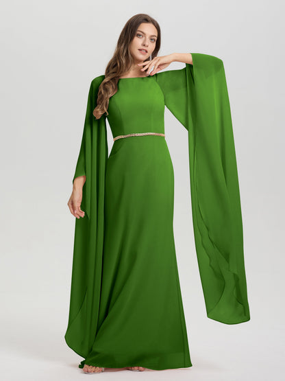 Sheath Flowy Long Sleeves Waisted Zip Back Chiffon Bridesmaid Dress