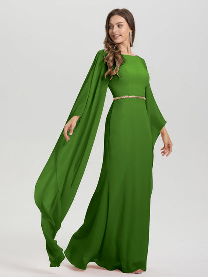 Sheath Flowy Long Sleeves Waisted Zip Back Chiffon Bridesmaid Dress