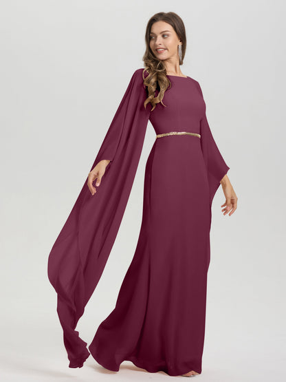 Sheath Flowy Long Sleeves Waisted Zip Back Chiffon Bridesmaid Dress