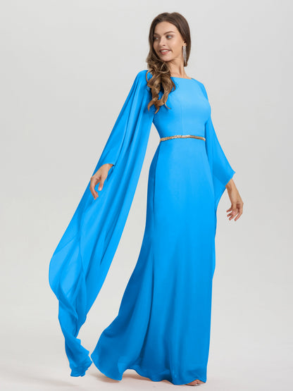 Sheath Flowy Long Sleeves Waisted Zip Back Chiffon Bridesmaid Dress