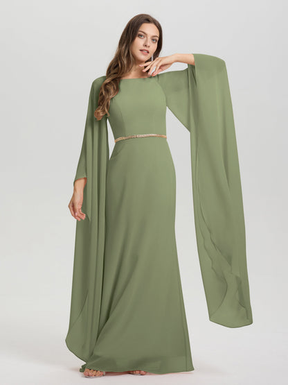 Sheath Flowy Long Sleeves Waisted Zip Back Chiffon Bridesmaid Dress