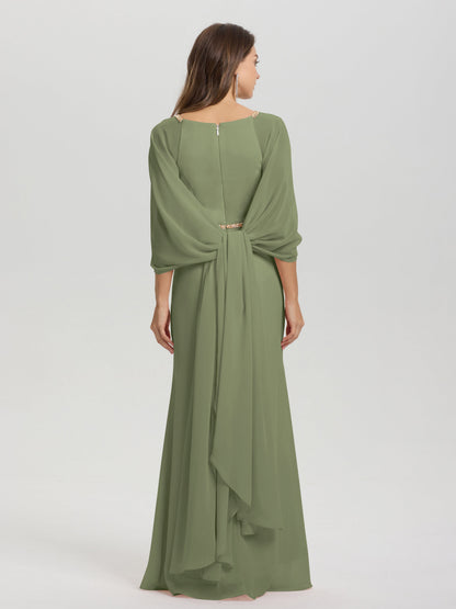 Sheath Flowy Long Sleeves Waisted Zip Back Chiffon Bridesmaid Dress