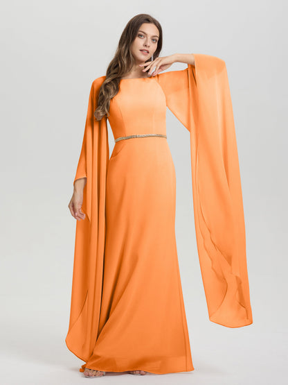 Sheath Flowy Long Sleeves Waisted Zip Back Chiffon Bridesmaid Dress