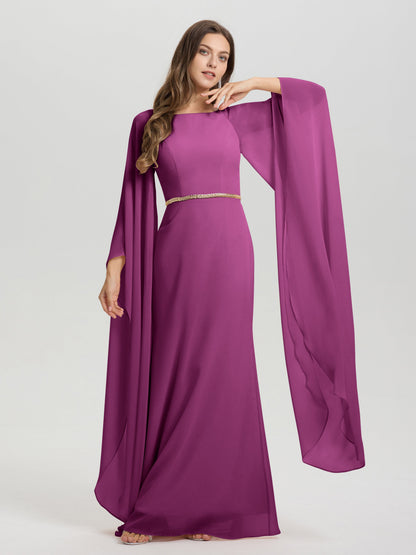 Sheath Flowy Long Sleeves Waisted Zip Back Chiffon Bridesmaid Dress