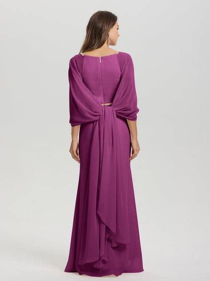 Sheath Flowy Long Sleeves Waisted Zip Back Chiffon Bridesmaid Dress