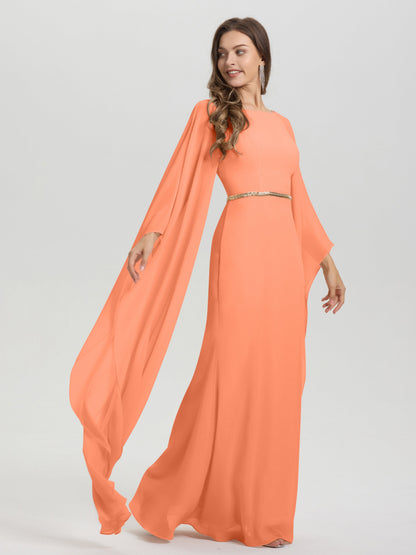 Sheath Flowy Long Sleeves Waisted Zip Back Chiffon Bridesmaid Dress