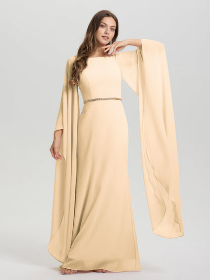 Sheath Flowy Long Sleeves Waisted Zip Back Chiffon Bridesmaid Dress