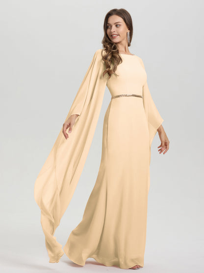 Sheath Flowy Long Sleeves Waisted Zip Back Chiffon Bridesmaid Dress