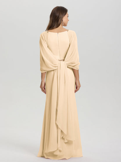 Sheath Flowy Long Sleeves Waisted Zip Back Chiffon Bridesmaid Dress