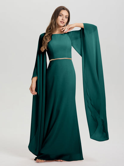 Sheath Flowy Long Sleeves Waisted Zip Back Chiffon Bridesmaid Dress