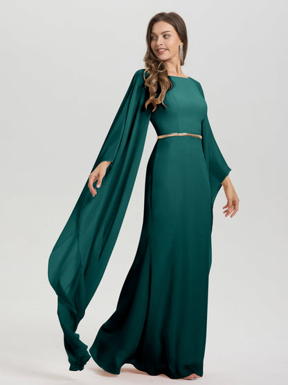 Sheath Flowy Long Sleeves Waisted Zip Back Chiffon Bridesmaid Dress