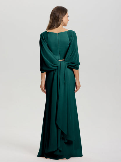 Sheath Flowy Long Sleeves Waisted Zip Back Chiffon Bridesmaid Dress