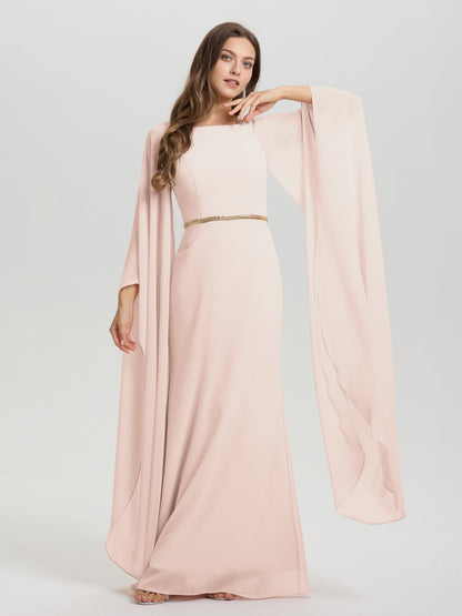 Sheath Flowy Long Sleeves Waisted Zip Back Chiffon Bridesmaid Dress