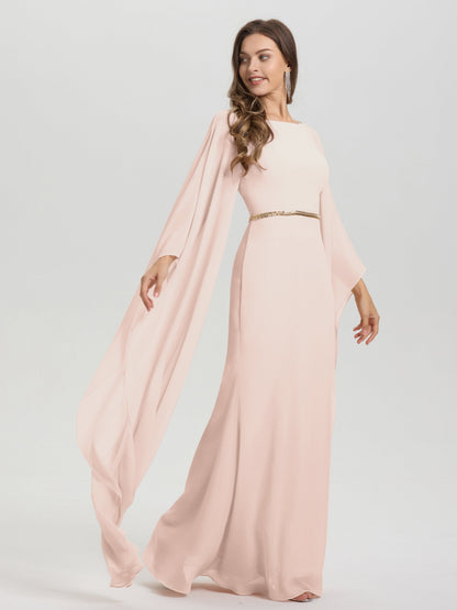 Sheath Flowy Long Sleeves Waisted Zip Back Chiffon Bridesmaid Dress