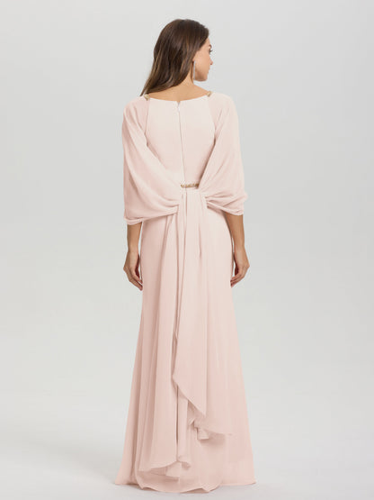 Sheath Flowy Long Sleeves Waisted Zip Back Chiffon Bridesmaid Dress