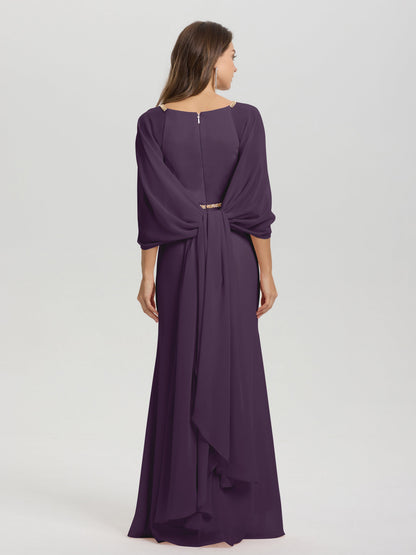 Sheath Flowy Long Sleeves Waisted Zip Back Chiffon Bridesmaid Dress