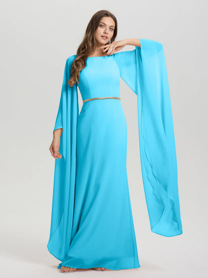 Sheath Flowy Long Sleeves Waisted Zip Back Chiffon Bridesmaid Dress