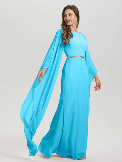 Sheath Flowy Long Sleeves Waisted Zip Back Chiffon Bridesmaid Dress