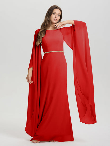 Sheath Flowy Long Sleeves Waisted Zip Back Chiffon Bridesmaid Dress