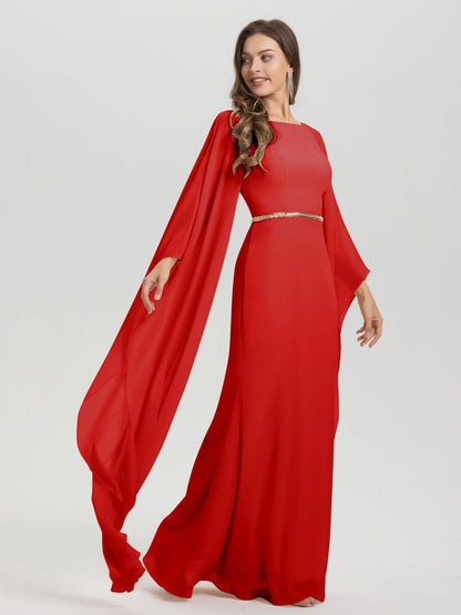 Sheath Flowy Long Sleeves Waisted Zip Back Chiffon Bridesmaid Dress
