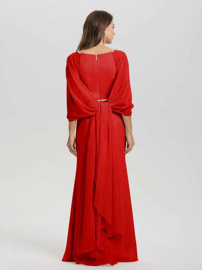 Sheath Flowy Long Sleeves Waisted Zip Back Chiffon Bridesmaid Dress
