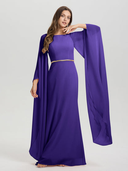 Sheath Flowy Long Sleeves Waisted Zip Back Chiffon Bridesmaid Dress